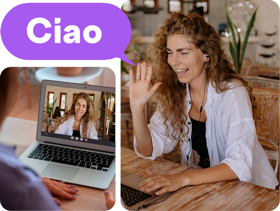 Italian tutor teaching online on a video call with a professional learner