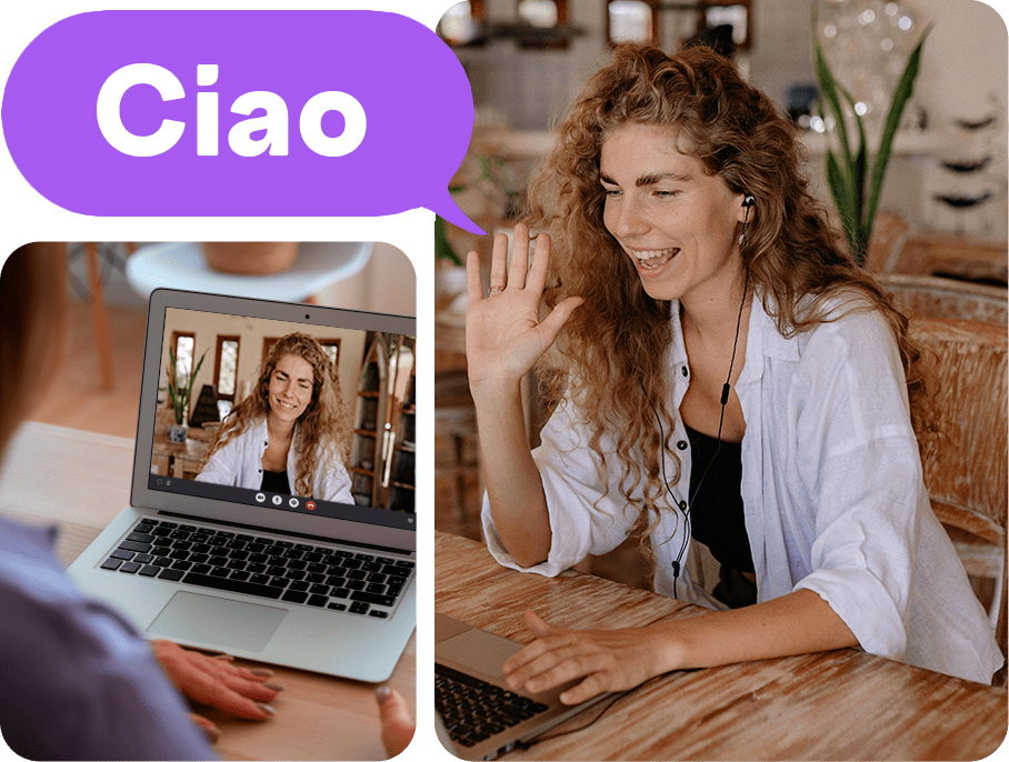 Italian tutor teaching online on a video call with a professional learner